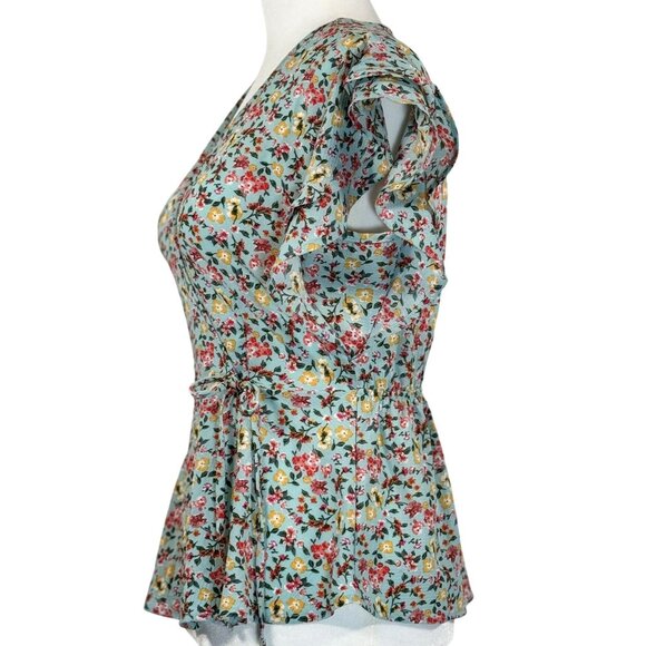Monteau Brick Size S Womens Floral Summer Faux Wrap Top Ruffle Sleeve Blue Pink - Picture 6 of 9